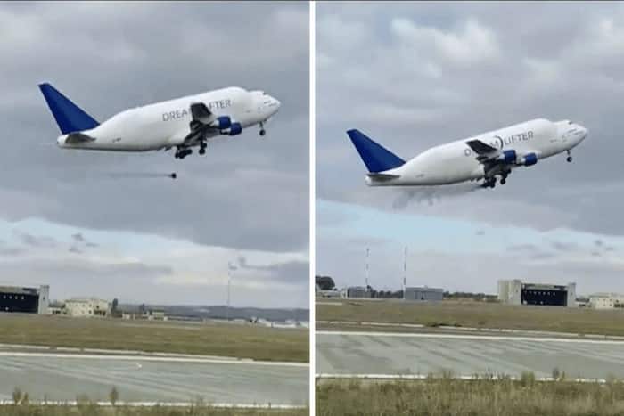 Viral Video Boeing 747 Dreamlifter Aircraft Loses Landing gear Tyre ...
