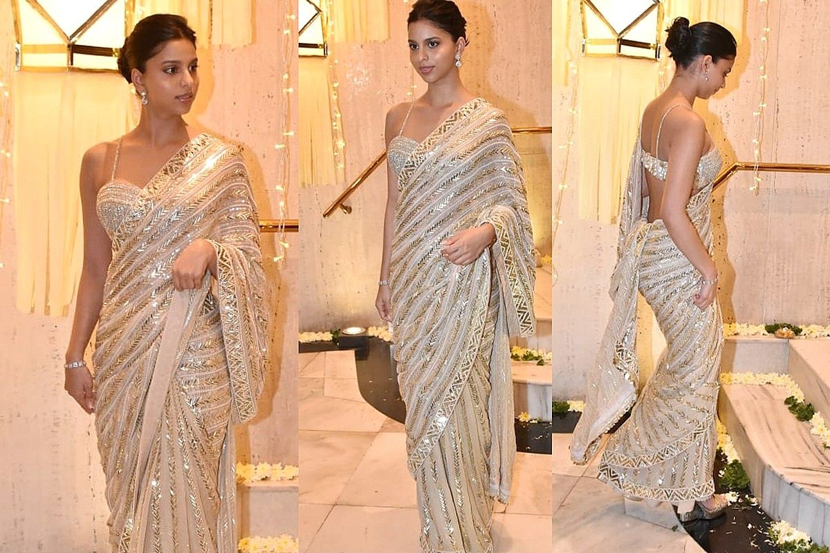 Suhana Khan Serves Hottest Saree Look For Diwali in Backless Blouse And Sleek  Bun - See Pics From Manish Malhotra Party
