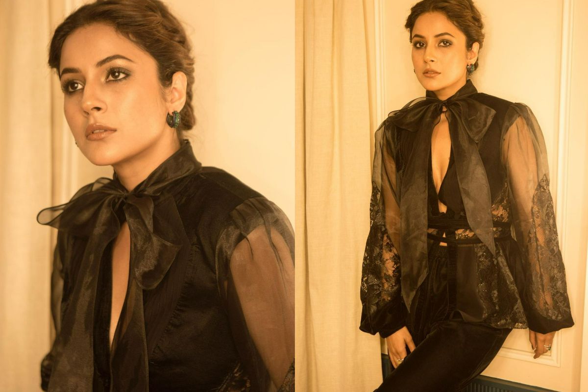 Shehnaaz Gill in organza shirt with peep-hole detailing (Photo: Instagram/ Shehnaaz Gill)