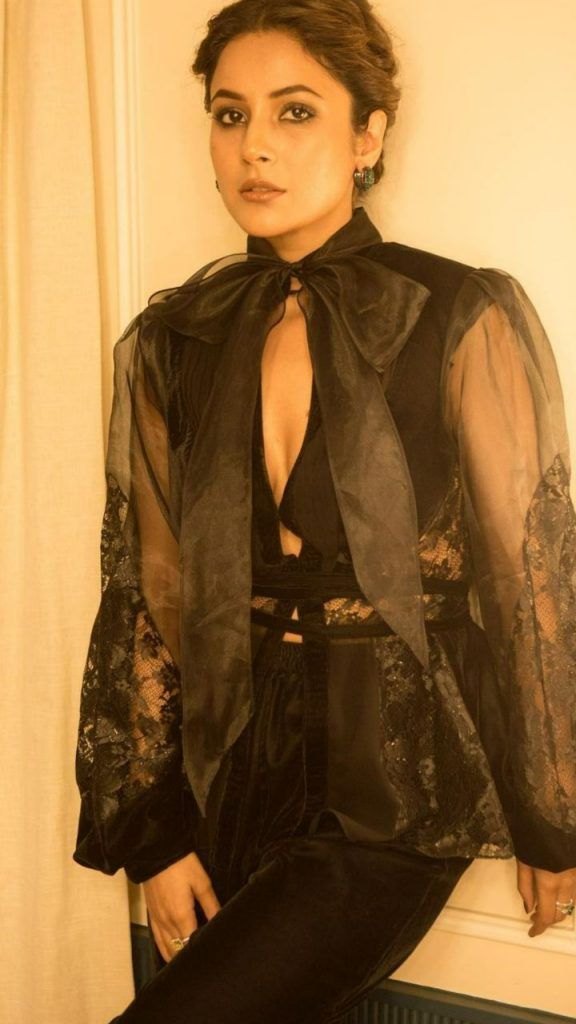Shehnaaz wears an organza shirt with a bow, and teams it up with lacy black pants. You like?