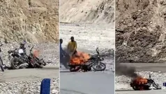 Caught On Camera: Royal Enfield Bullet Bike Catches Fire In Ladakh. Watch Viral Video