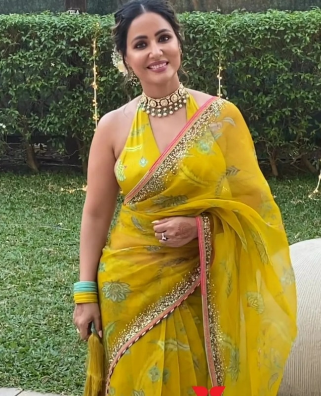 Buy KD 132 Organza Silk Hina Khan Yellow White Saree at Rs. 1050 online  from Surati Fabric designer sarees : SF-KD-YW