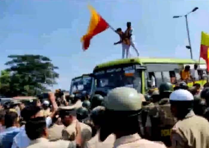 Police detain workers of Karnataka Rakshana Vedike, at Hire Bagewadi in Belagavi