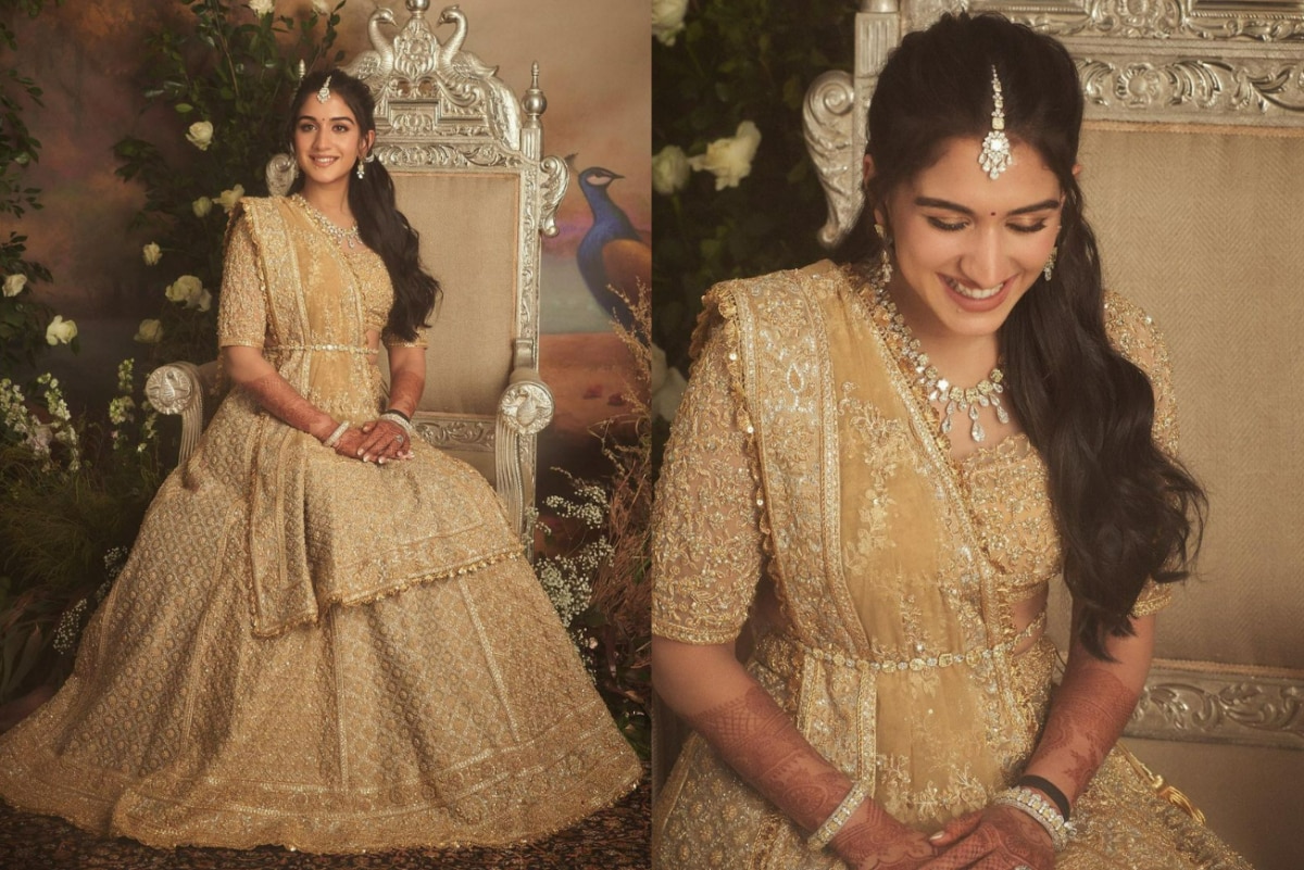 Gold Bridal Lehenga | Bridal applique, Gold lehenga, Engagement dresses