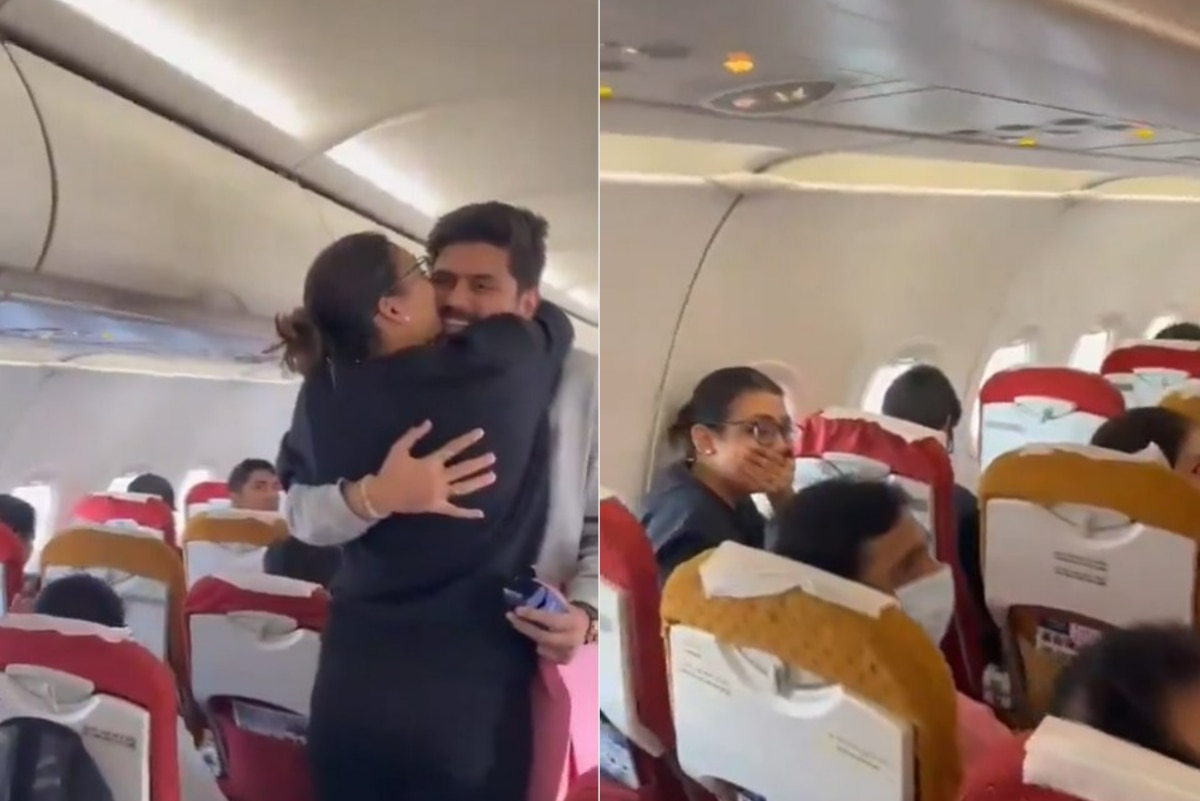 Watch Man Surprises Girlfriend Mid Air With Marriage Proposal Video Of Inflight Love Story Win 