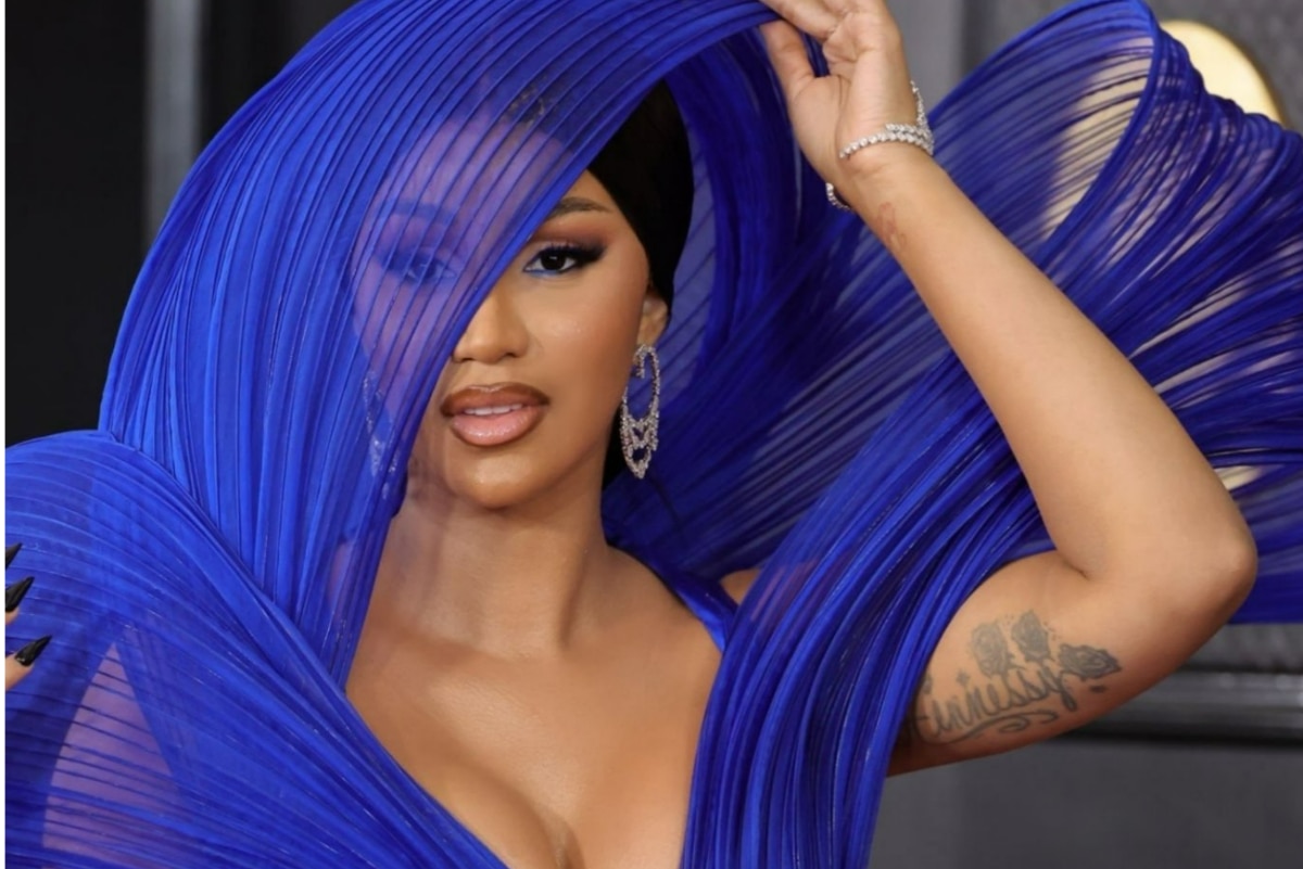 Grammys 2023 Cardi B Wears Electric Blue Sculptural Dress by Indian