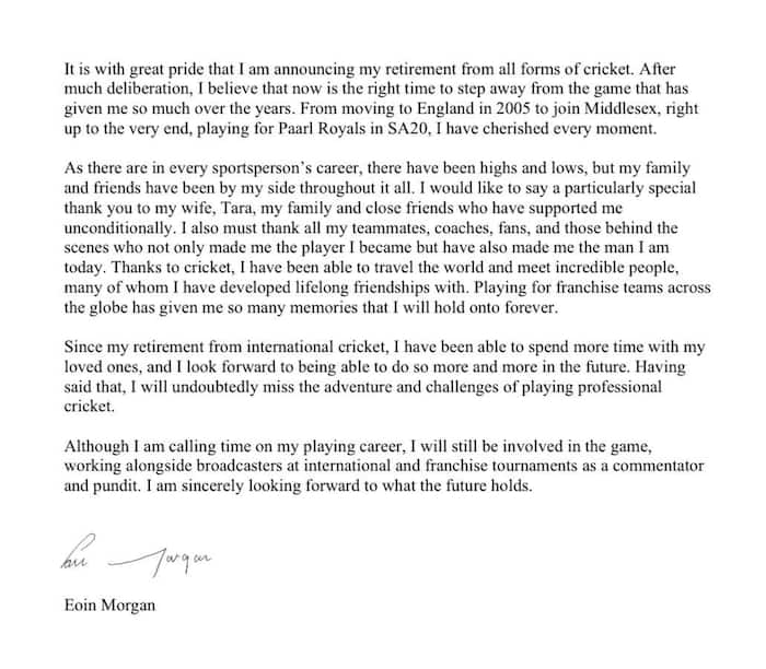 Morgan announces retirement from all forms of cricket