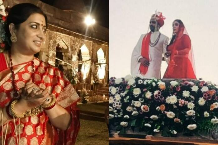 Smriti Irani Stuns in Red Brocade Saree And Gold Jewellery For Daughter Shanelle's Rajasthan Wedding - See Inside Pics