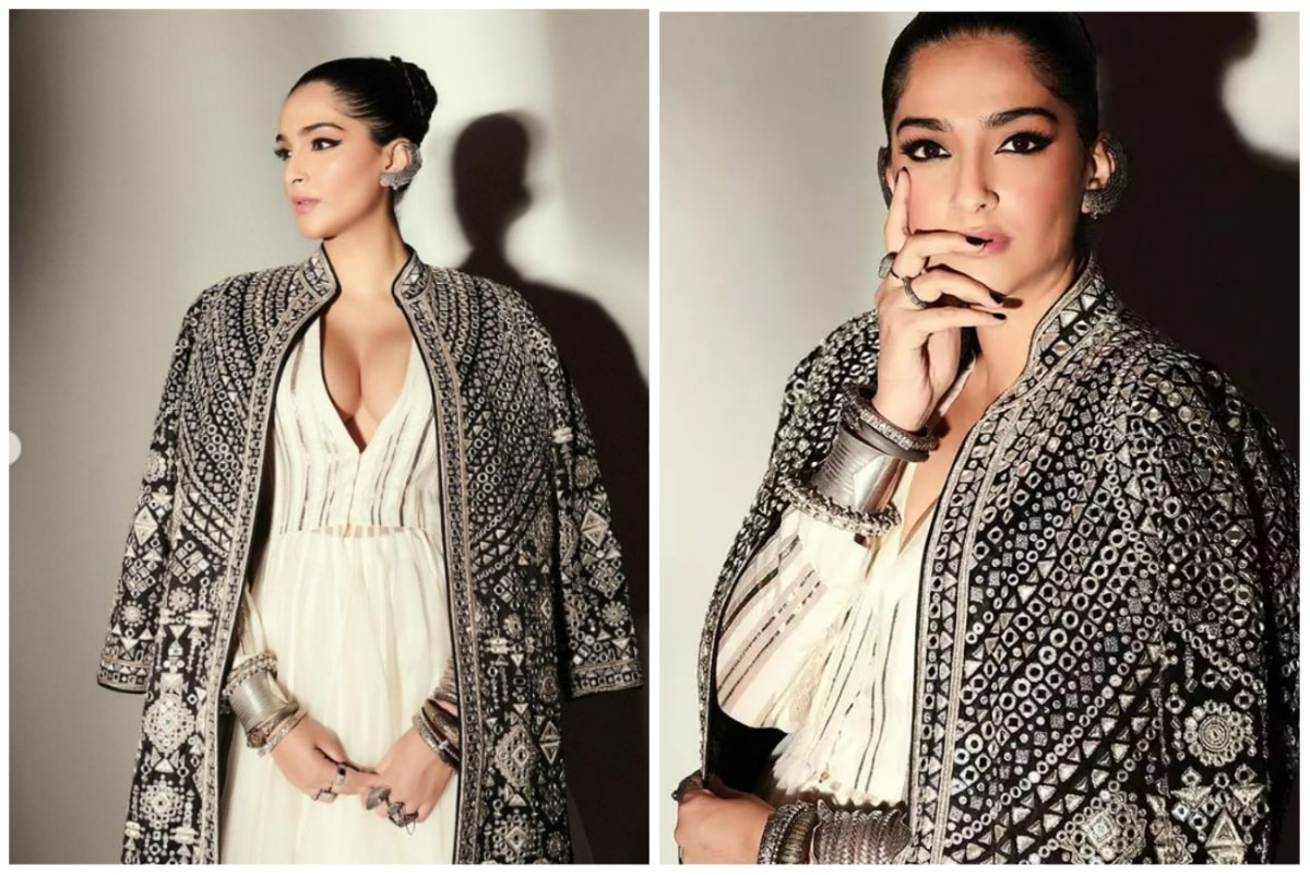 Sonam Kapoor Looks Divine in White Anarkali Jumpsuit, Styles With Black-White Embroidered Jacket by Abu Jani Sandeep Khosla