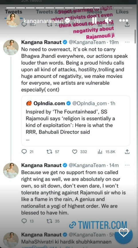 Kangana Ranaut defends SS Rajamouli on his religion remarks, calls him a 'Yogi, Nationalist' RBA