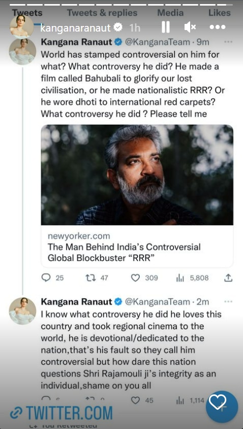 Kangana Ranaut defends SS Rajamouli on his religion remarks, calls him a 'Yogi, Nationalist' RBA