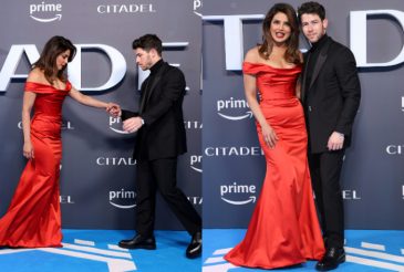 Nick Jonas Cheers For Wife Priyanka Chopra And Her Red Dress at Citadel Premiere 3 Nick Jonas poses with wife Priyanka Chopra at Citadel's premiere in London (Photo: AP)