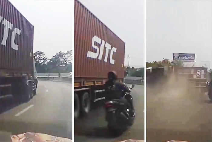 Car And Bike Avoid Being Crushed By Trailer At Curve Watch