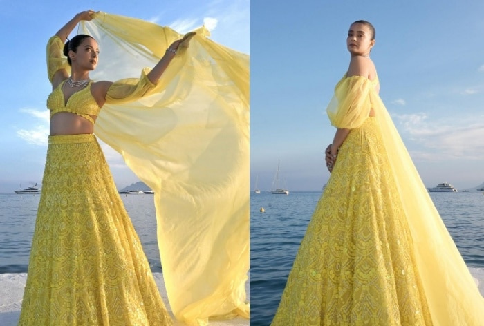Suvreen Chawla Adds a Desi-Touch in Yellow Embroidered Lehenga With Plunging Blouse at Cannes 2023- See PICS