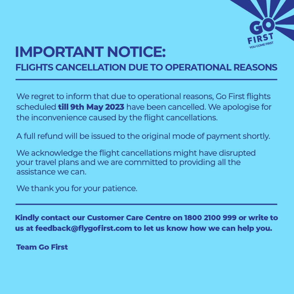 Go First Cancels Flights Till May 9, Will Process Refunds to Passengers ...