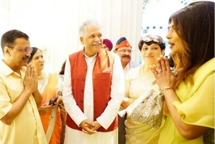 Priyanka Chopra and Arvind Kejriwal at Parineeti-Raghav's engagement (Photo: Arvind Kejriwal's fan club/ Instagram)
