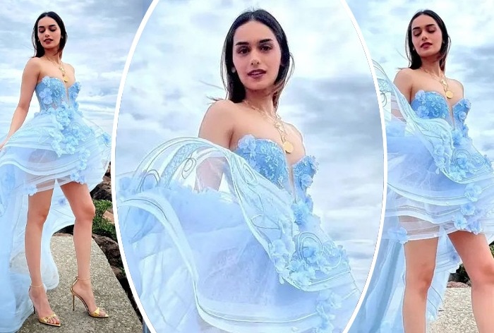 Cannes 2023: Manushi Chhillar Turns Reel-Life Princess in Pastel Blue Sheer Floral Dress- See PICS