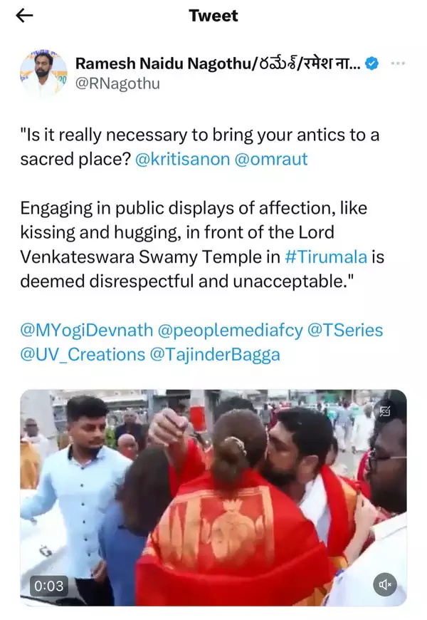 Adipurush Kriti Sanon Om Rauts Kiss Outside Tirupati Temple Receives Flak  From Netizens Watch