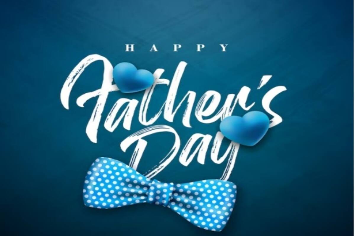 Happy Fathers Day Hat And Bow Mustache Blue Checkered Background