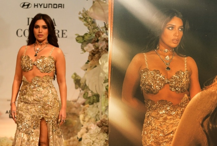 Bhumi Pednekar hot and sexy,Bhumi Pednekar, Bhumi Pednekar Gold Bralette-Skirt, Bhumi Pednekar Smokey Eyes, India Couture Week 2023, Bhumi Pednekar ramp walk, Varun Bahl