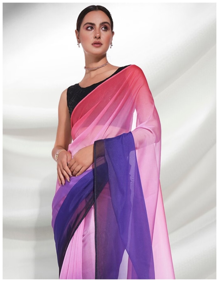 Ombre Chiffon Saree in Shaded Navy Blue and Purple : SPFA12727