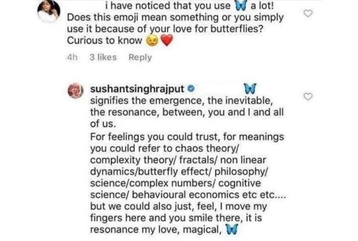 Screenshot of a fan's Instagram chat, asking Sushant Singh Rajput about the blue butterfly 
