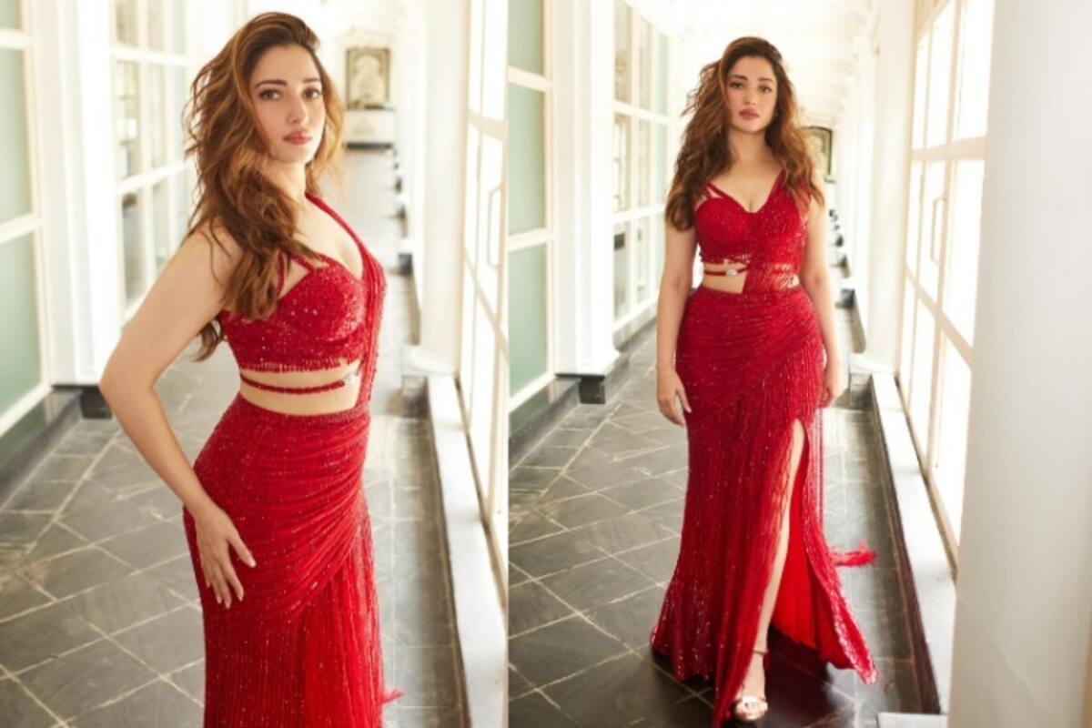1200px x 800px - Tamannaah Bhatia Leaves The Internet Gasping For Air in Hot Red Saree Gown  With Thigh-High Slit, Pics