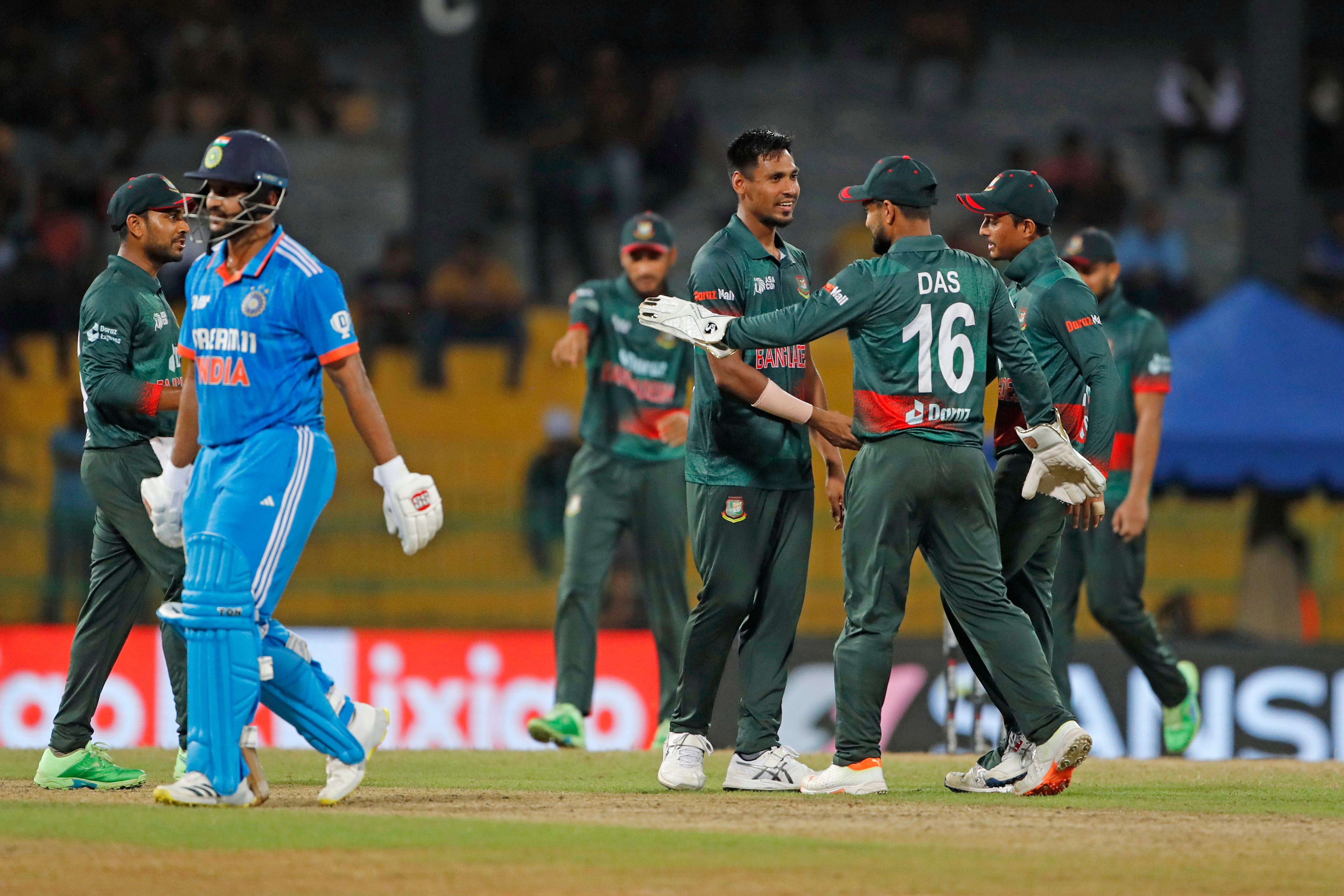 Mustafizur Rahman celebrates a wicket of India's Shardul Thakur