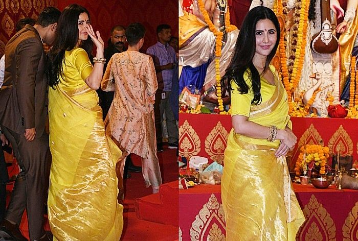 Katrina Kaif in a yellow Chanderi Raw Mango saree during Durga Puja festivities (Photo: Durga Puja)