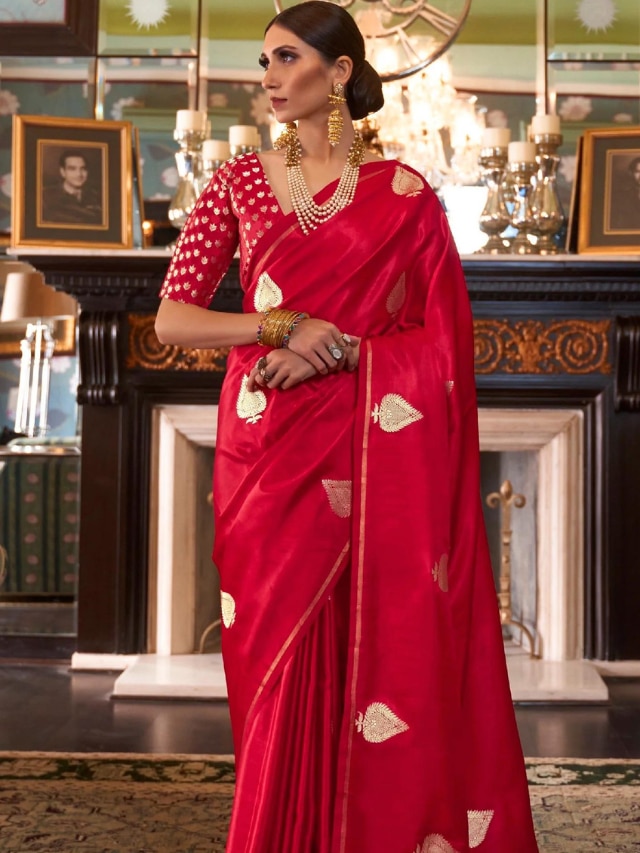 Rich Red Veena Kanjivaram Silk Saree – Zariknyaa