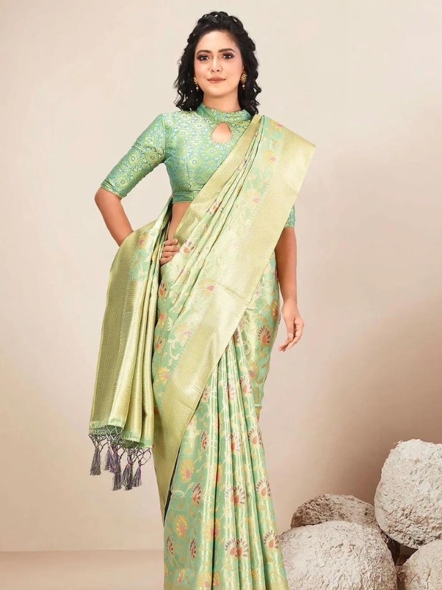 Greenish Blue Tissue Kanjivaram Silk Saree With Floral Jaal Design |  Singhania's