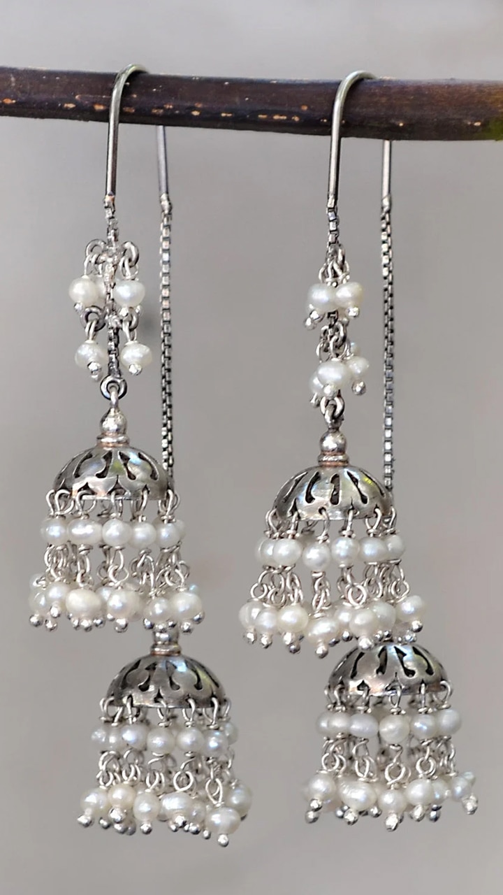 Buy Silver Plated Beads Alia Stud With Ear Chain by Vaidaan Online at Aza  Fashions.