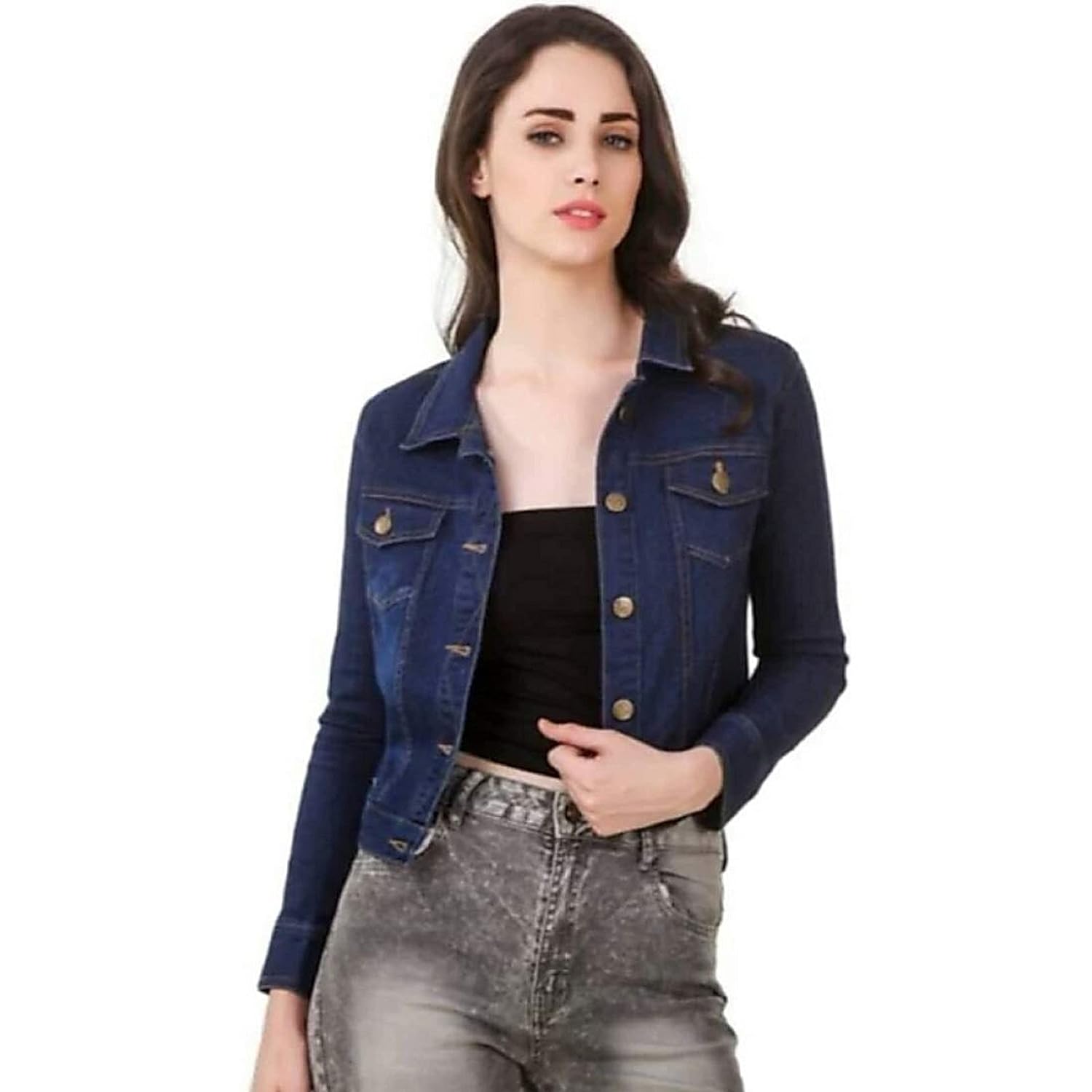 Amazon.com: Hcclijo Beading Denim Jacket Women Cowboy Outerwear Stand  Collar Pocket Long Sleeve Elasticity Slim Short Jeans Jacket : Clothing,  Shoes & Jewelry