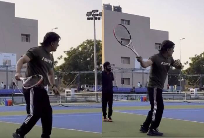 MS Dhoni, MS Dhoni news, MS Dhoni updates, MS Dhoni ODI World Cup 2023, MS Dhoni Tennis, MS Dhoni playing tennis, MS Dhoni viral video, MS Dhoni latest video