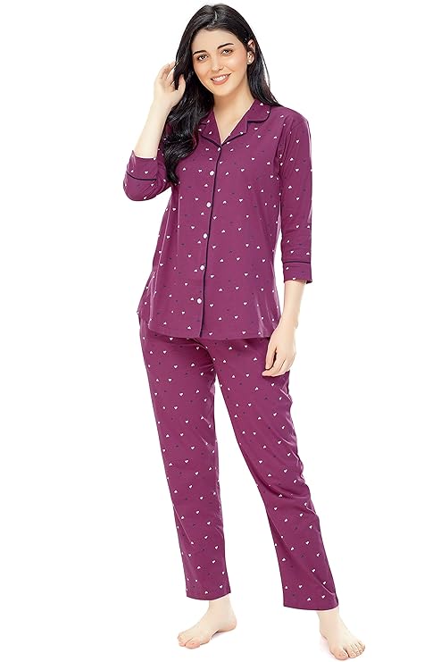 ZEYO Women's Cotton Heart Printed Night Suit Set of Shirt & Pyjama