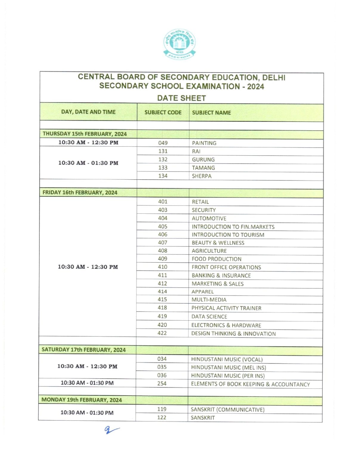 Cbse date sheet 2024 pdf released check cbse class 10 time table