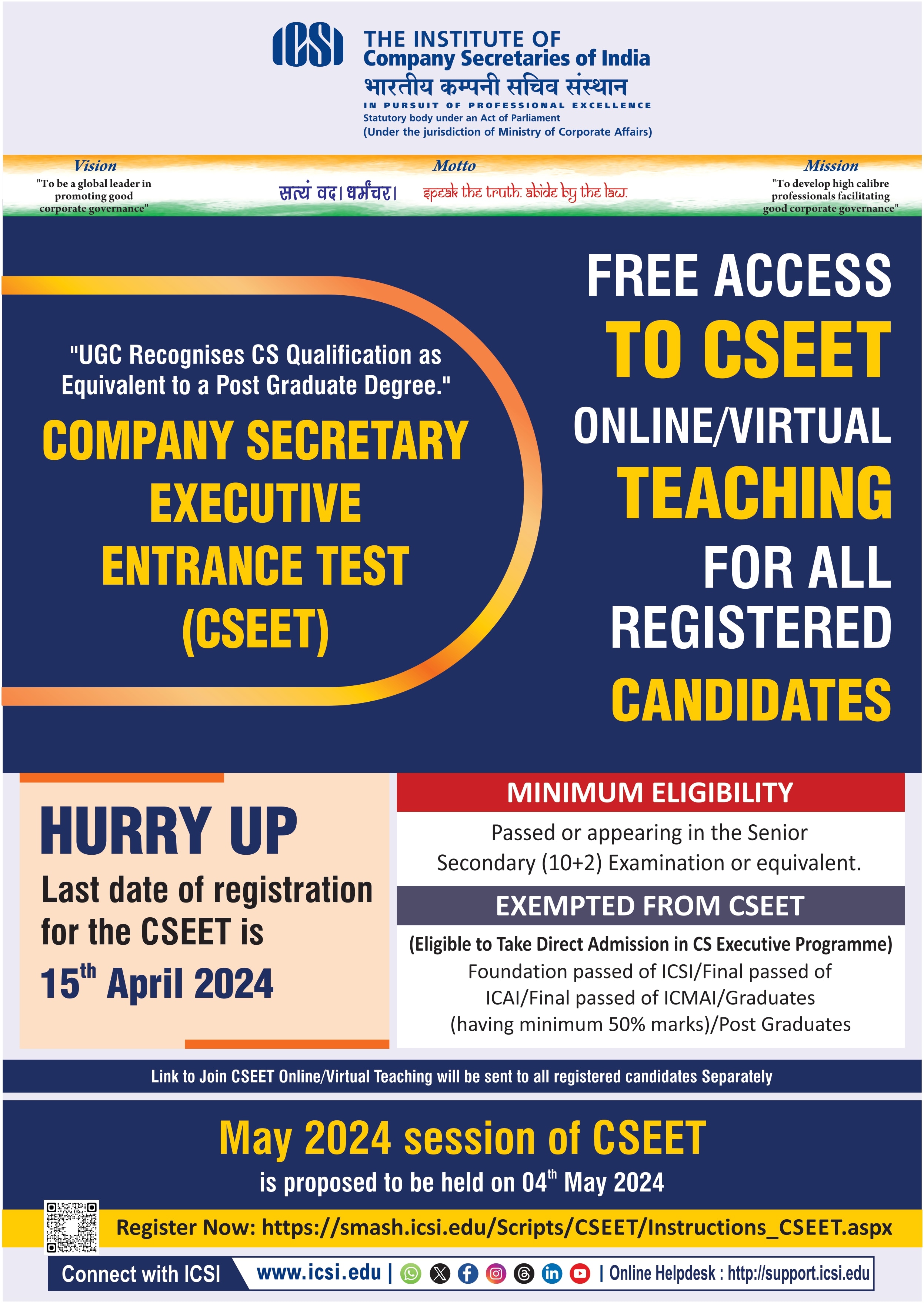 ICSI CSEET Registration For May 2024 Session Begins at icsi.edu; Check