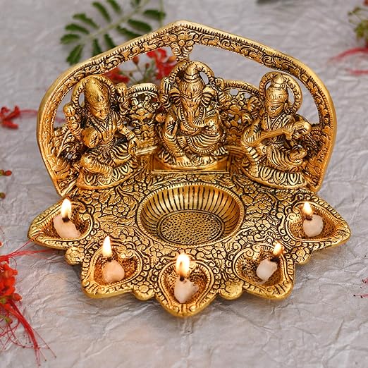Collectible India Laxmi Ganesh Saraswati Idol Diya Oil Lamp Deepak