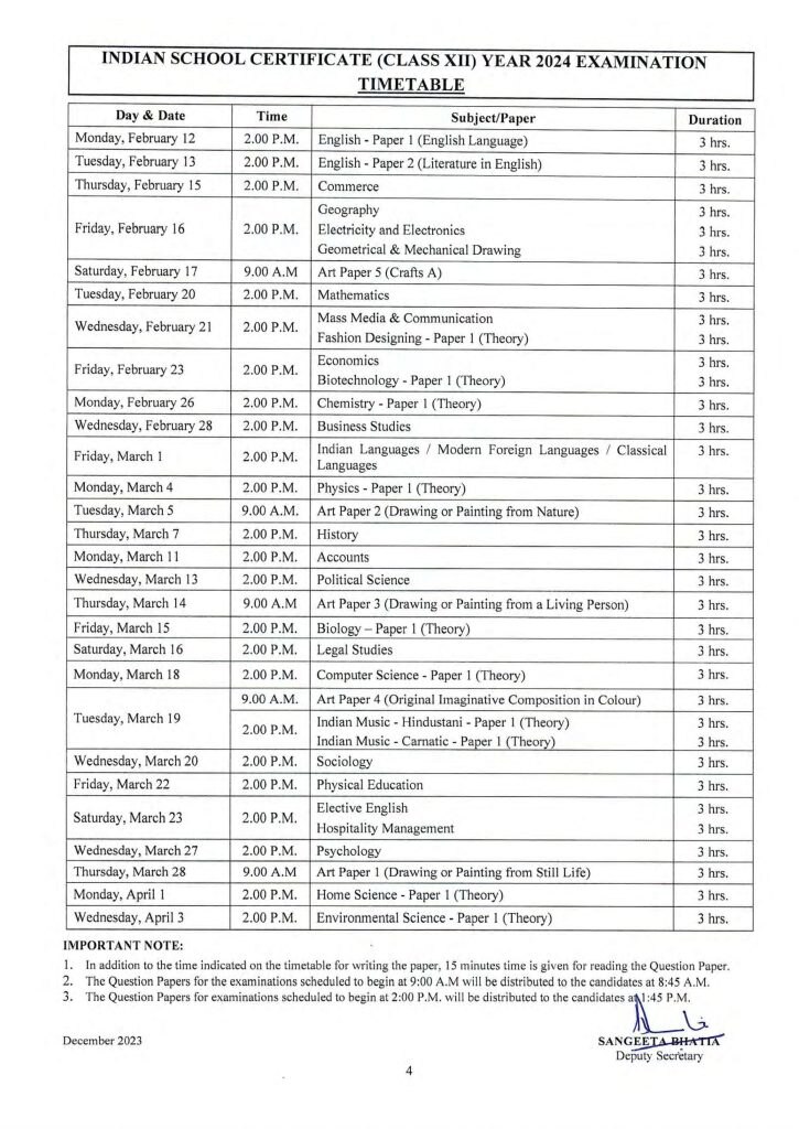 CISCE Date Sheet 2024 ICSE 10th, ISC 12th Exam Timetable OUT At Cisce