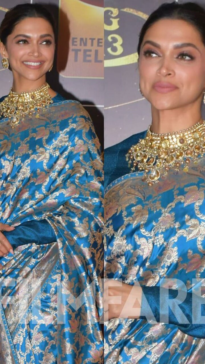 V & V Shop Bollywood Deepika Padukone Georgette Blue Saree