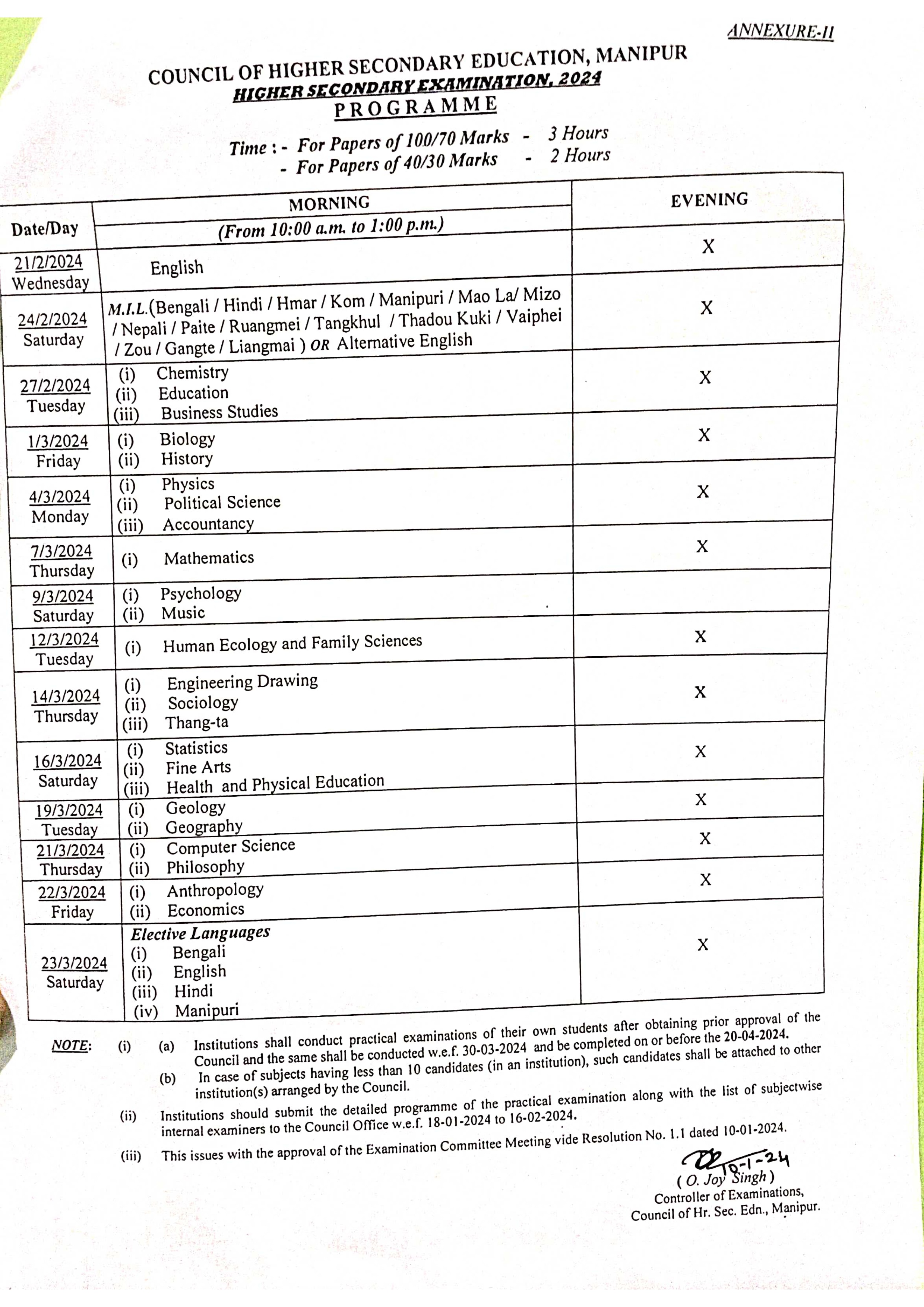 Manipur Board HS Exam 2024 Date Sheet COHSEM Class 12th SubjectWise