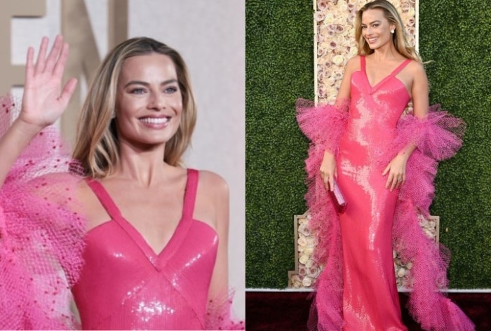 Is Margot Robbie The Best Dressed Celeb From Golden Globes 2024? This Vintage Sequin Pink Armani Gown Certainly Says So