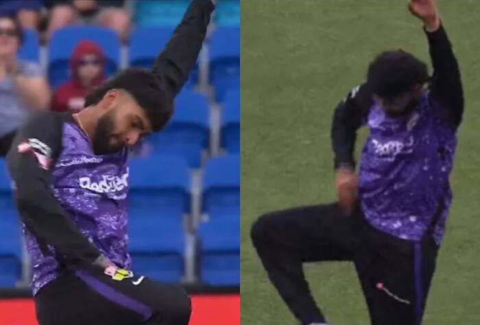 BBL, BBL 2024, BBL 2023, Big Bash League 2023,Big Bash League 2024, Hobart Hurricanes vs Sydney Thunder, HUR vs THU, India player in BBL, Nikhil Chaudhary, Nikhil Chaudhary BBL, Nikhil Chaudhary doing Moosewala celebration, Nikhil Chaudhary doing Moosewala celebration in BBL