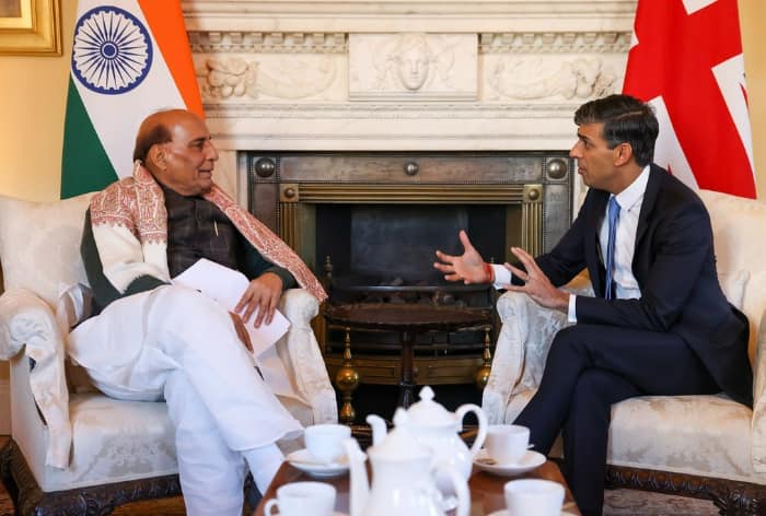 Defence Minister Rajnath Singh Calls on British PM Rishi Sunak on UK Visit