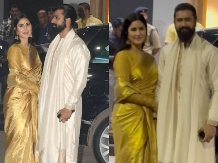 Katrina Kaif Dazzles in Golden Silk Saree, Vicky Kaushal in Cream ...