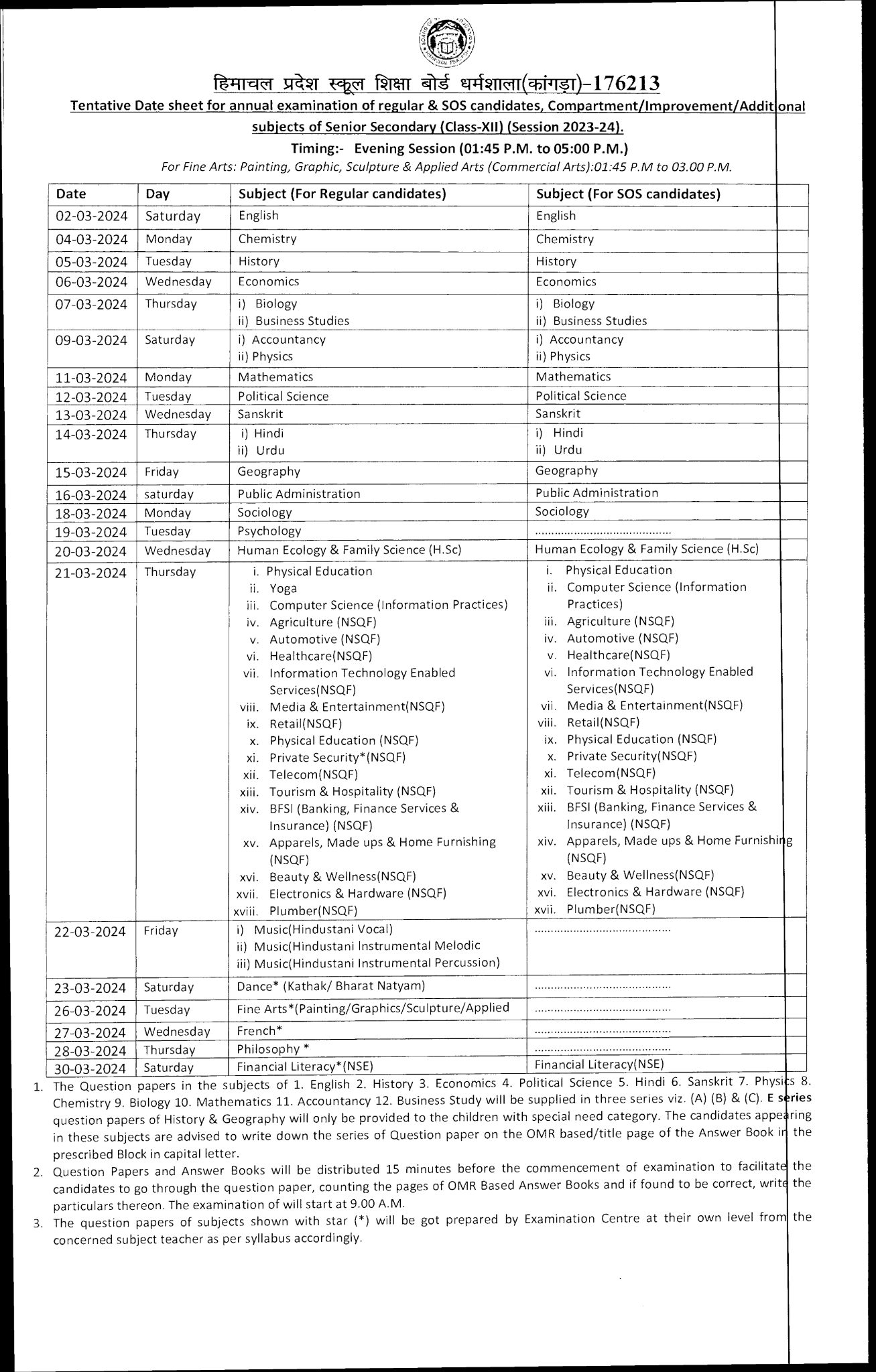 HPBOSE Date Sheet 2024: Himachal Pradesh Matric, Plus 2 Subject-Wise ...