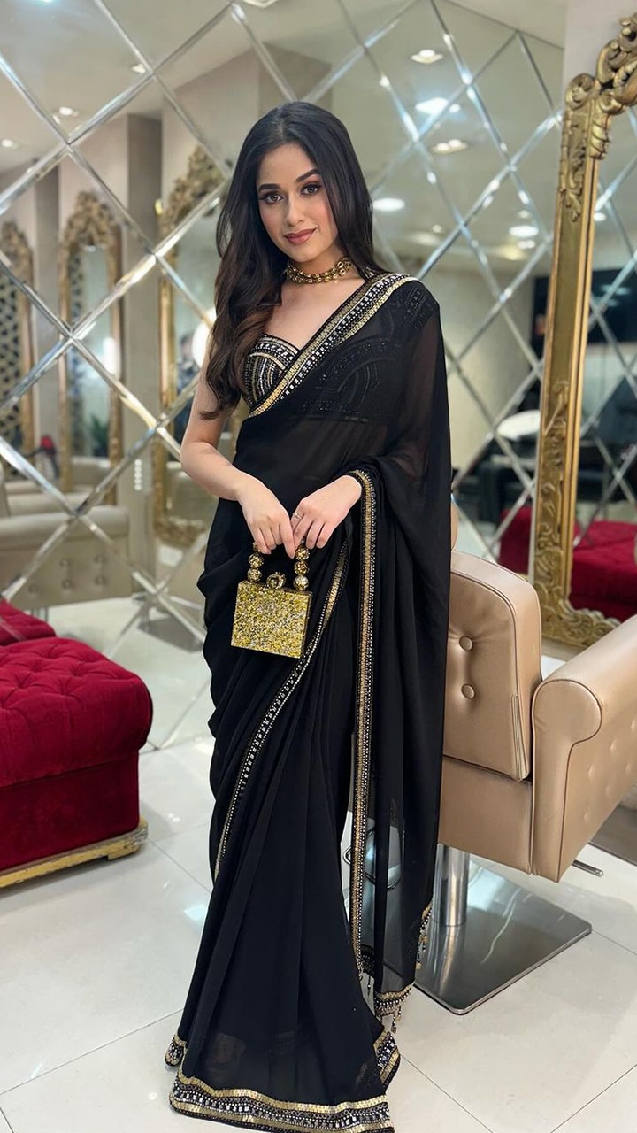 New Beautiful Jannat Zubair Wear Saree With Multicolour Concept And  Sequence Work For Women