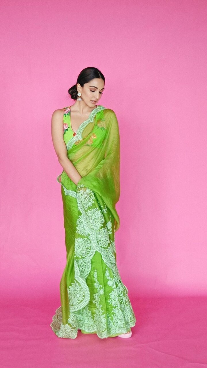 lime green saree with blue blouse - Shahi Fits