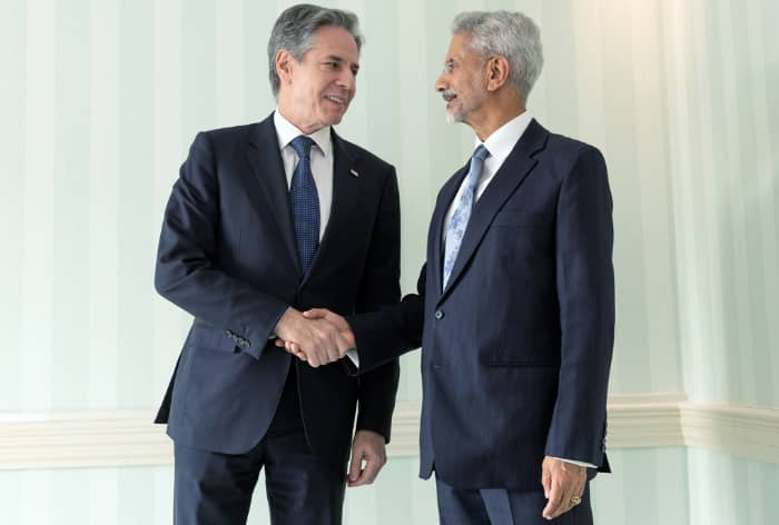 External Affairs Minister S Jaishankar meets with US Secretary of State Antony Blinken on the sidelines of the Munich Security Conference 2024, on Friday. (ANI Photo)