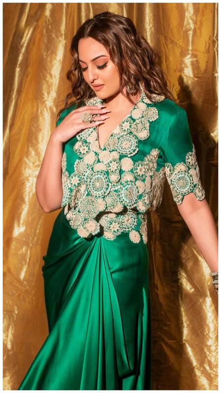 Sonakshi Sinha is a Royal Vibe in Dramatic Green Satin Skirt and Jacket